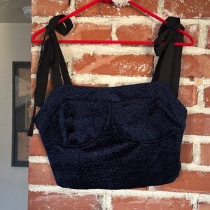 En Saison Blue Velvet corset top with black bow tie straps